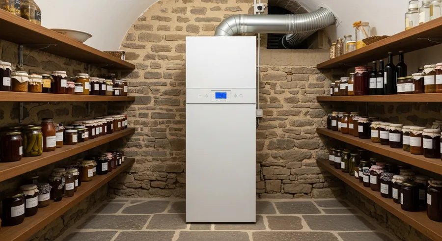 Chauffe-eau thermodynamique installé dans un cellier à Écouflant