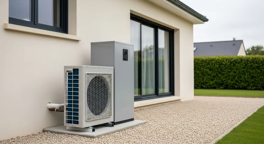 Pompe à chaleur air/eau raccordée à un plancher chauffant dans un pavillon récent à Beaucouzé