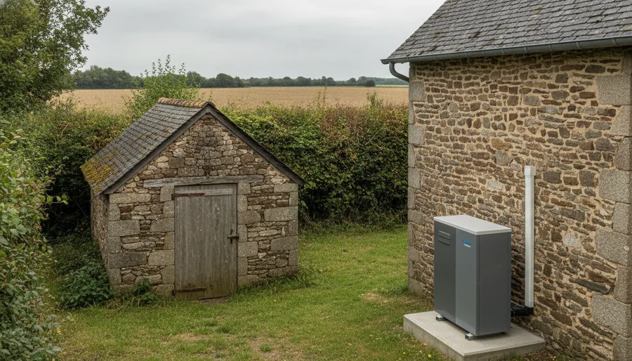 Pompe à chaleur air/eau installée à l'abri du vent contre une longère à Beaupréau-en-Mauges