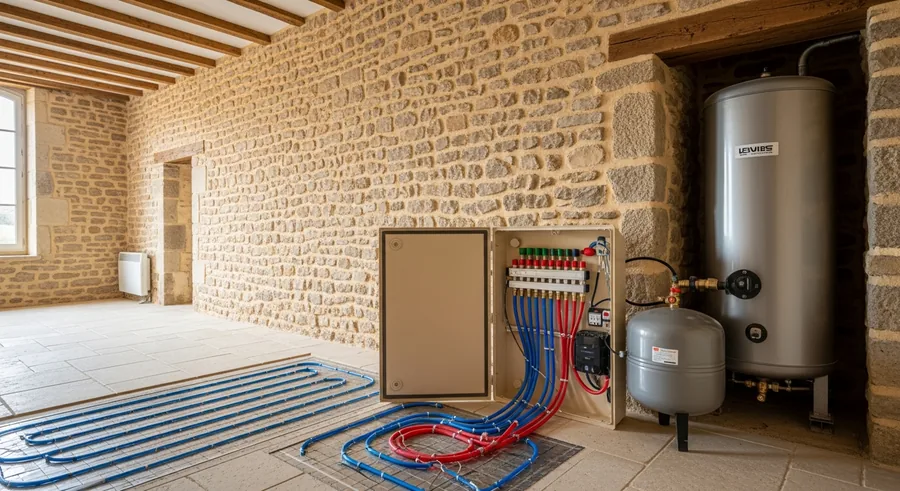 Pompe à chaleur air/eau et plancher chauffant dans une longère à Bouchemaine