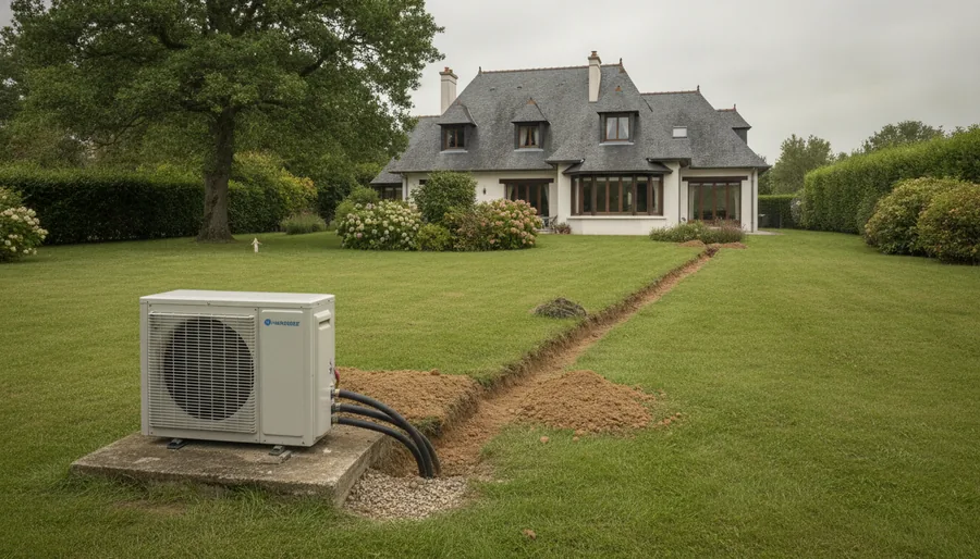 Pompe à chaleur air/eau installée au fond du jardin d'un pavillon à Carquefou