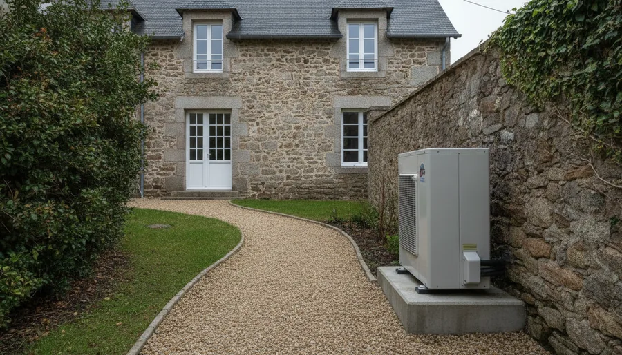 Pompe à chaleur air/eau installée dans le jardin d'une maison en granit à Laval