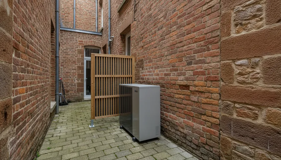 Pompe à chaleur air/eau installée dans la cour arrière d'une maison de faubourg au Mans