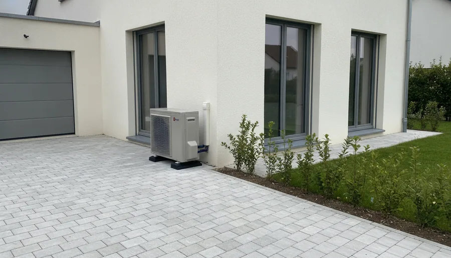 Pompe à chaleur air/eau raccordée au plancher chauffant d'une maison récente à Montaigu-Vendée