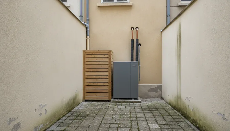 Pompe à chaleur air/eau installée en fond de cour d'une maison de ville à Nantes