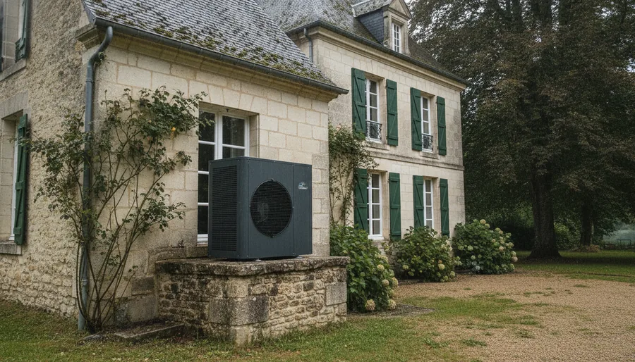 Pompe à chaleur air/eau posée sur un socle surélevé devant une maison bourgeoise à Saint-Sébastien-sur-Loire
