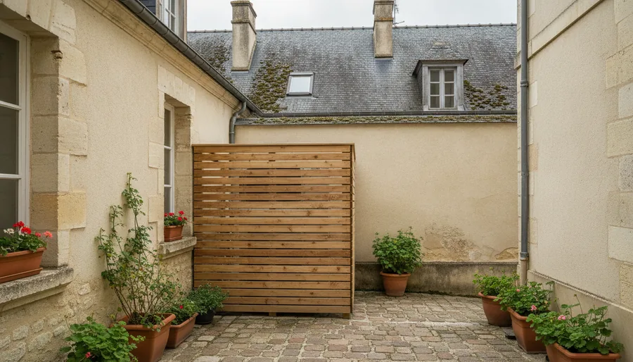 Pompe à chaleur air/eau encoffrée en cour d'une maison en tuffeau à Saumur
