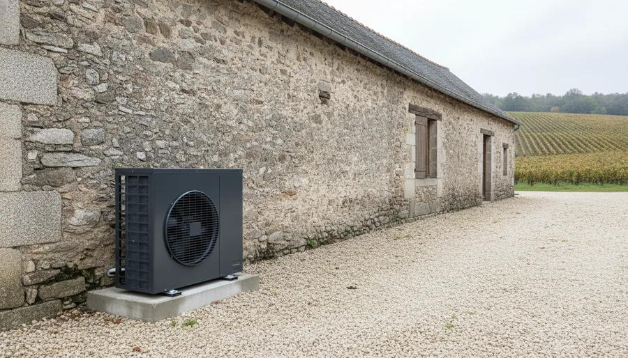 Pompe à chaleur air/eau installée contre le mur en granit d'une longère à Vertou